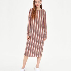 Zara Color Printed Striped Long Sleeve Midi Dress